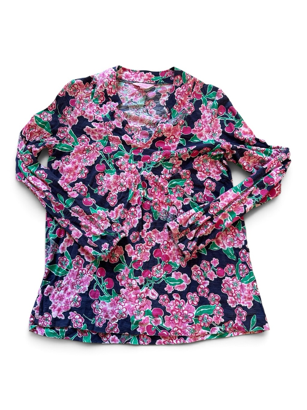 Lilly Pulitzer Navy Pink Cherry and Blossom Long Sleeve V-Neck Top Med